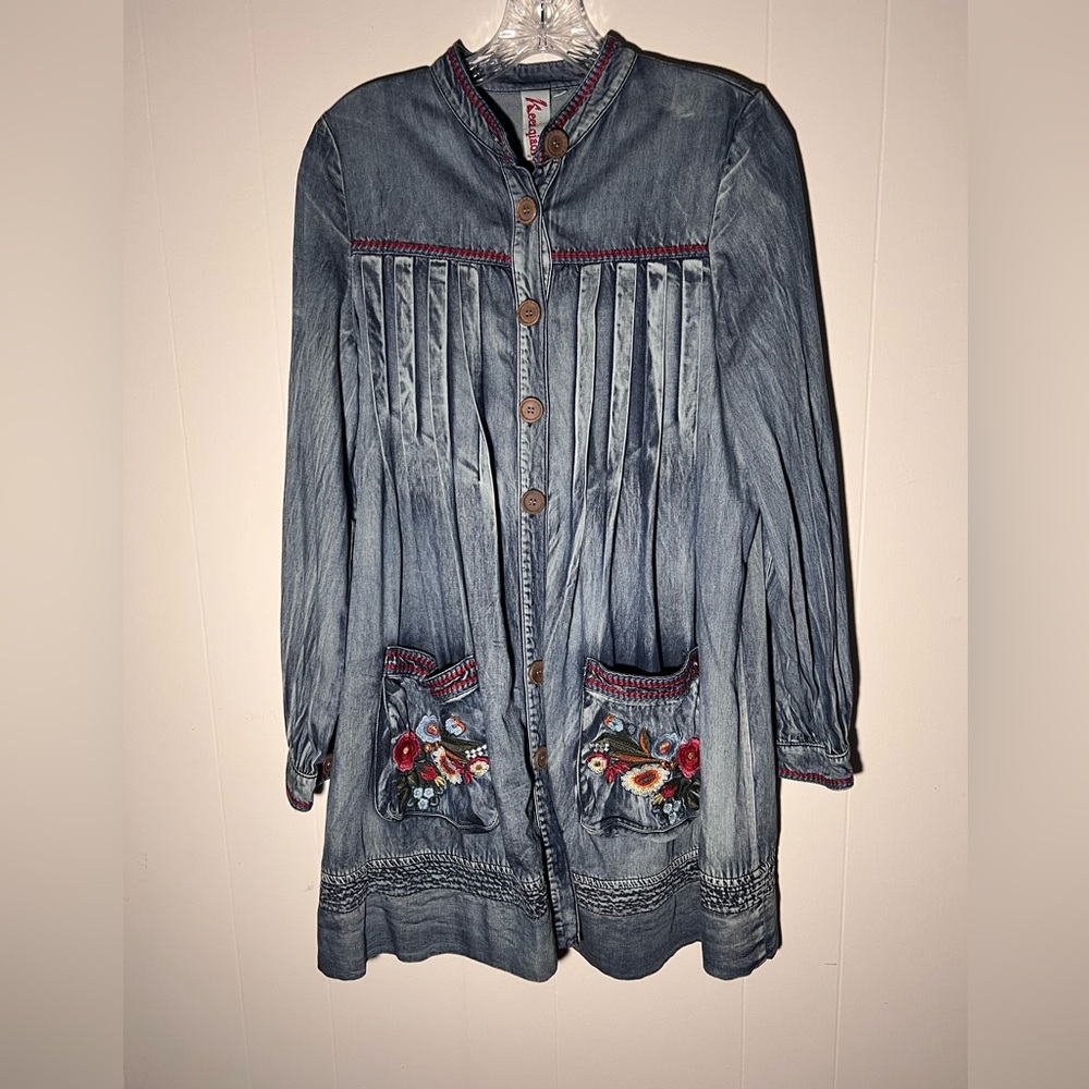Keer qiaowa Women’s Boho Embroidered Denim Dress/Tunic Size Large